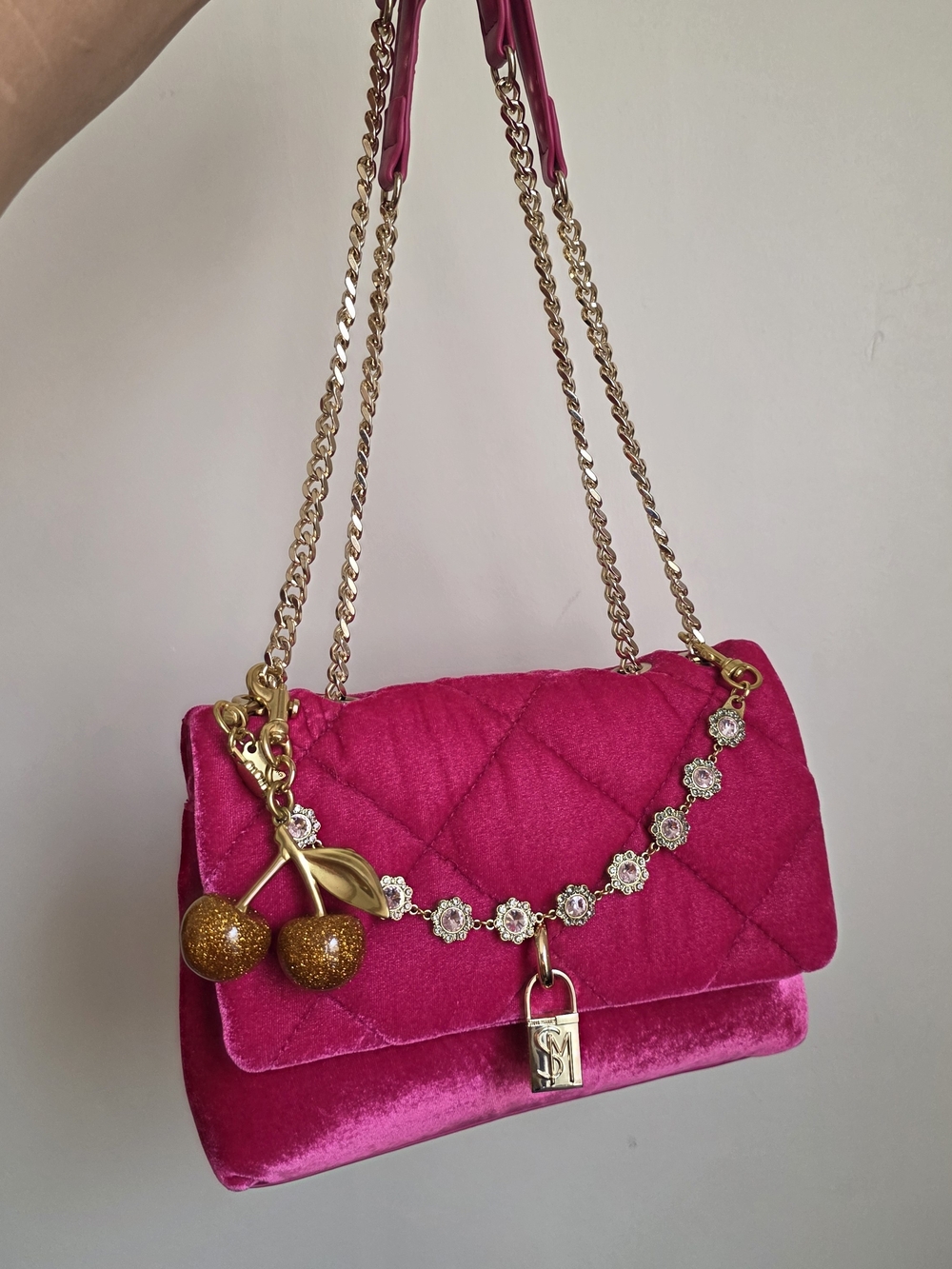 Steve Madden Fuchsia Pink Quilted Velvet Chain Shoulder Bag with Gold Accents